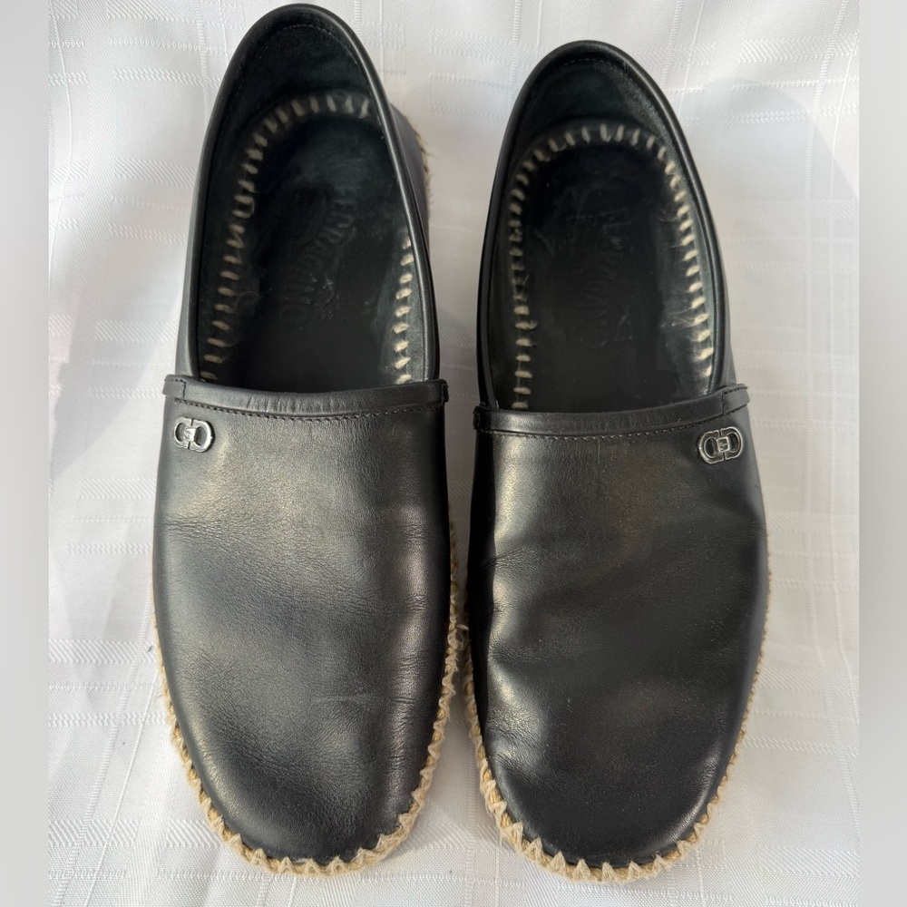 Salvatore Ferragamo Black Leather Slip-On Espadrilles